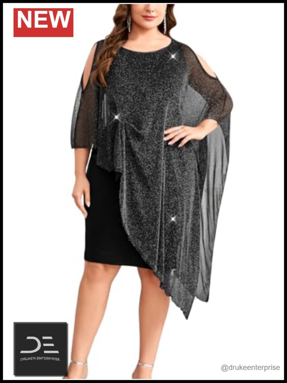 Plus Size Sparkly Formal Midi Dress Cape Overlay Mother of Bride Cocktail